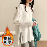 Dehose Plus Velvet Autumn And Winter Bottoming Shirt Women's Long Side Open Fork White T-Shirt Long Sleeve Loose Inside Top