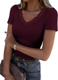 2025 Lace Splicing V-Neck Tight Solid Color Short-Sleeved T-Shirt Women's Summer New Pure Desire To Slim Top