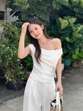 White Irregularly Short-Sleeved T-Shirt Girl 2026 Summer Super Look Ootd Repair Angle Shoulder Coat