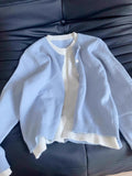 French Small Fragrant Blue Fake Two Knitted Cardigan Women Early Autumn New Korean Wearing Buttons Lazy Sweater