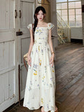 Broken Flower Short-Sleeved Dress Women's Summer French Way To Receive Waists Thin Back Small Flying Sleeve Long Skirt Sweet Wind