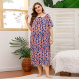 Spring And Summer Plus Code Lady Home Dress Skirt Short-Sleeved Lace Splicing Four-Sided Bullet Print Home Pajamas Woman