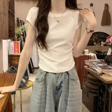 Positive Shoulder Collar Short Sleeve T-Shirt Design Feel Waist Thin Curved Under Hem Short Flying Sleeve Repair Body Coat