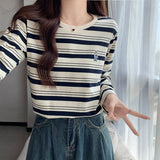 2026 Autumn New Design With A Chic Embroidered T-Shirt T-Shirt Women's Cotton Casual Striped Long-Sleeved Top