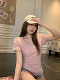 Yellow Simple Casual C Chic V-Neck Short-Sleeved Woman 2026 Summer New Fashion Age Reduction Front Shoulder T-Shirt Korean Top
