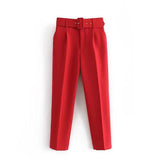 New Casual Pants Slender Slim Slim Belt Decorated Solid Color Straight Sue Nine-Point Pants