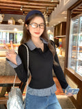 Fake Two POLO Collar Stitching Bump Color Long-Sleeved T-Shirt Women 2026 Early Autumn New Design Button Top