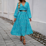 Dili 2025 Autumn And Winter Women's Temperament Elegant V Collar High-Waist Print Dress