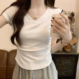 2026 Summer Light Blue Folds To The Waist Shoulder Short-Sleeved Women's T-Shirt Small Flying Sleeve V Collar Collar Collar Collar Collar Collar Sexy Top