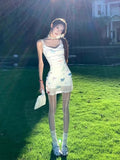Blanage Printing Fake Two White Sling Dress Women Summer Waists Thin Small Hot Girl Short Skirt