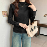 French Temperament Shoulder Lace Side Bottom T-Shirt T-Shirt Women Autumn And Winter Plus Velvet Half-High Collar Long Sleeves To Put On The Top