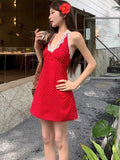 French Red Lace Lace V-Necked Neck Dress Woman Summer Seaside Holiday Slim Thin Babes Short Dress
