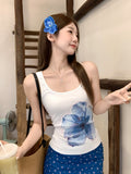 Korean Fashion Watercolor Flowers U Tie Sling Vest Women Summer New Temperament Slim Design Blouse
