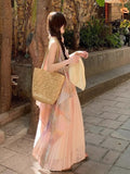 French Atmosphere-Sensitive Oil Painting Sling Dress Women's 2026 Summer New Seaside Wind Fold Mesh Dress