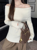 Sweet Hottie Beige Word Shoulder-To-Shoulder Long-Sleeved Sweater Women's Autumn And Winter New Korean Wear Knitted Bottom Shirt Top