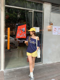 Blue Oblique Angled Shoulder Beautiful Short-Sleeved T-Shirt Women's 2026 Spring And Summer New Lazy Style Loose Shoulder Coat