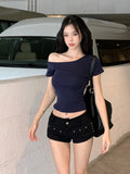 Tibetan Blue Shoulder-To-Shoulder Cotton Short-Sleeved T-Shirt Women 2025 New Summer Korean Wearing A Short Collarbone Top