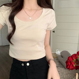 Solid Color Short-Sleeved T-Shirt Women 2025 Summer New Hong Kong Wind Chic Design Round Collar Short Elastic Sympath