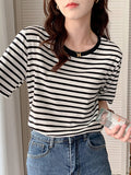 Striped T-Shirt Women's Short-Sleeved Summer 2025 New Cotton Top Loose Thin Circle Neck-Triped Style