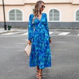Dili Women's Clothing 2025 Autumn Holiday Leisure Print V Collar Long-Sleeved Dress