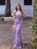 Lace Spliced Purple Sling Dress Women's Summer Mesh Repair Fishtail Dress Pure Want To Pack The Ass Skirt