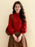 Christmas And New Year Red Chinese Buckle Sweater Women's Autumn And Winter Loose Lazy High-End Knitted Shirt Top
