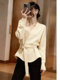 Vintage V-Neck Knitted With Belt Sweater Women's Autumn/Winter 2025 New Loose Lazy Inside The Bottom Shirt Top