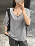 Lazy Boyfriend Wind Loose Deep V-Neck Half-Sleeved T-Shirt Girl Summer Leisure Long-Term Large Version Of The Pure Color Top Tide
