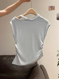 Korean Blue Splicing Strap Design Sense Short-Sleeved T-Shirt Women 2026 Summer New Sleeveless Unique Top