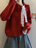 High-End Red Sweater Autumn And Winter 2025 New Large-Size Women's Fat Mm Beautiful Lace Spliced Knitted Shirt Top