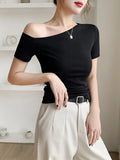 Slanted Shoulder Short-Sleeved T-Shirt Women's Summer 2025 New Beautiful Shoulder Sexy Hottie Design Sense Niche Chic Top