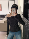 Deep Gray Lace Splicing Collar High-End Sense T-Shirt Women 2026 Early Autumn New Word-Collar Bottom Shirt Top