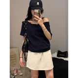 White Solid Color Oblique Shoulder Short-Sleeved T-Shirt 2026 Summer New Word Shoulder Loose Meat Thin Top