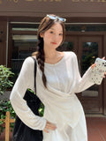 White Irregular Cross-Thin Micro-Permeable Sunscreen Hood T-Shirt Women 2026 Early Autumn New Loose Long-Sleeved Top