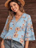 New Tat Lace Wind V Collar Bat Sleeve Print Casual T-Shirt Blouse Chiffon