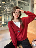 Red Fake Two Knitted Women's Autumn And Winter New Loose Lazy Han Sweater Long-Sleeved Top