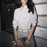 New Wear Striped Oblique Tops Old Money Wind Commuting Thick Coat Folded Shirt