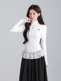 White Half-High Collar Lace Hem Bow Grinding Hair Plus Long-Sleeved T-Shirt In Autumn And Winter Shirt