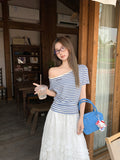 Fashion Temperament High-End Oblique Shoulder Collar Color Striped Embroidery Design Short-Sleeved T-Shirt For Women's Summer New Top