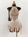 New Fashion Pure Desire Hanging Neck Print Design Holiday Repair Sexy Multi-Layer Skirt Dress Dress Woman