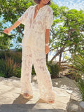 2025 New Collar Hollow Loose Top Straight Trousers Set Plant Flowers