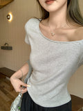 Korean Hottie Sexy Collared Shoulder Striped Short-Sleeved T-Shirt Girl New Summer Ootd Wear Super Good-Looking Top