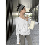 V Collar Bat Sleeve T-Shirt Scimitsed Twist Stacked Long-Sleeved Tee2025 New Thin Low-Collar Top Woman