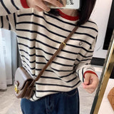 Crash Striped Smiley Face Round Collar Knitted Bottom Shirt Women's Spring And Autumn Design Sense Loose Lazy T-Shirt Top