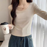 Round Collar Shoulder Cotton T-Shirt Women's Long Sleeves With Autumn New Elastic Slimming Hottie Bottom Shirt