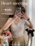 Simple Solid Color Short-Sleeved Button T-Shirt Girl Summer 2025 New Hot Girl Set Up Shoulder Short Top Tide