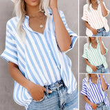 Dili 2025 Spring/Summer Leisure Commuter Print Striped Collider Short Sleeves R-Shirt Shirt Women's Clothing