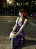 Tea Break French Purple Slings Broken Floral Dress Women's Summer 2025 New High-End Temperament Waist Skirt