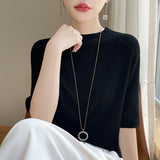 Half-High Collar Fashion Knitted Five-Sleeve Top Lady Summer Thin Flower Solid Color T-Shirt Loose Bottom
