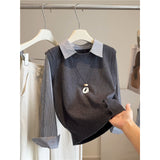 2025 Autumn Fashion Casual Fake Two-Piece Blouse Women Knitted Shirt Spliced Striped Shirt Women Age-Reduced Shirt
